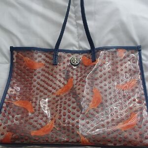 Tory Burch, Vibrant Orange Transparent Tote with Navy Trim
